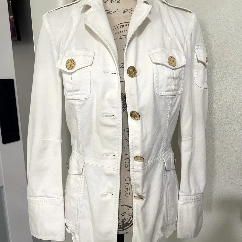 Tory Burch White Military Safari Utility Jacket Gold Buttons Size 8 🤍✨